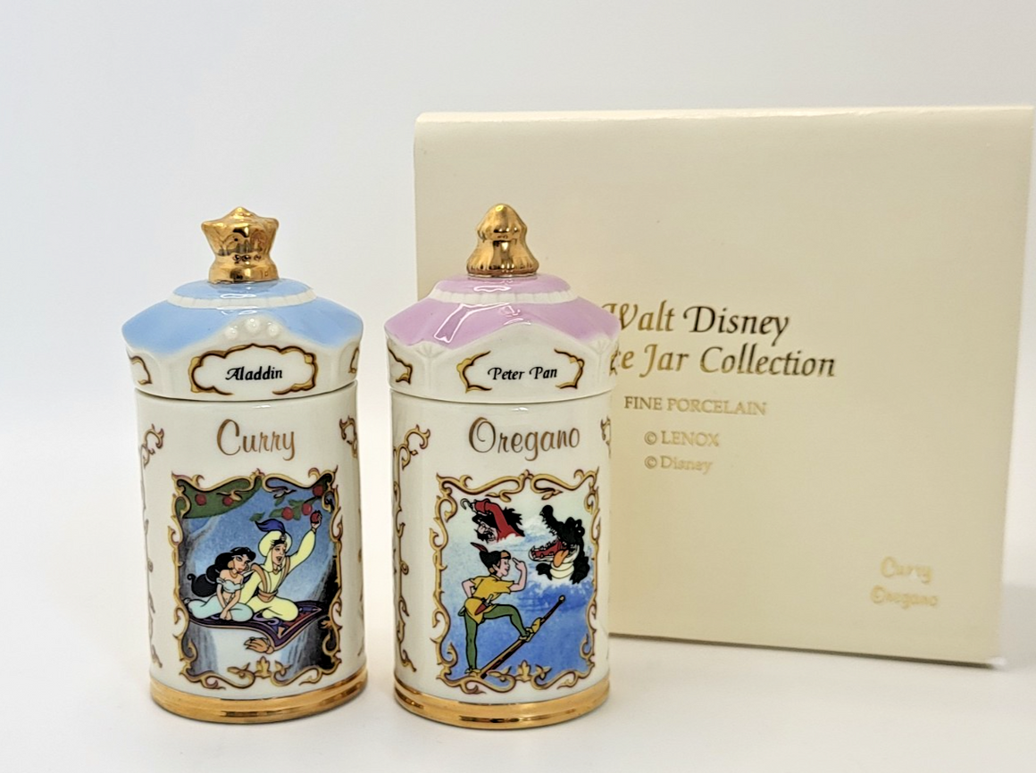 Lenox Disney Spice Jars Curry & Oregano Aladdin & Peter Pan Brand New In Box18
