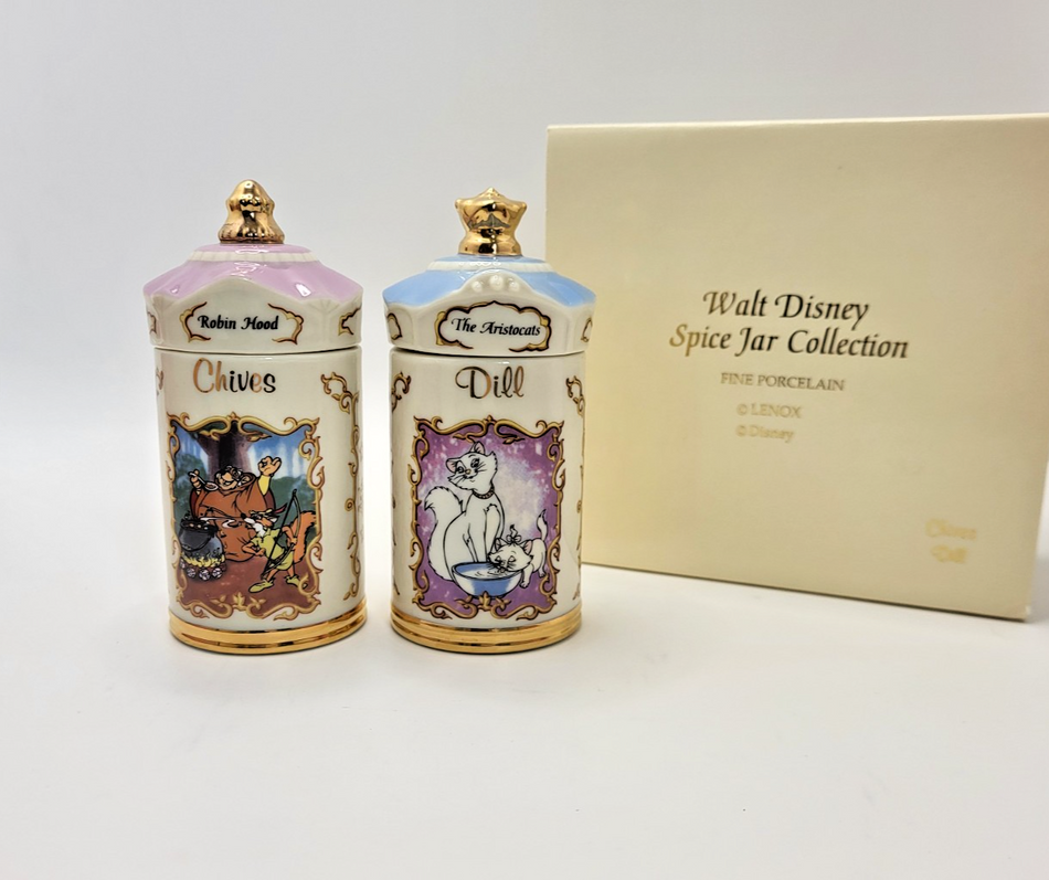 Lenox Disney Spice Jars Chives & Dill Robin Hood & Aristocats Brand New In Box